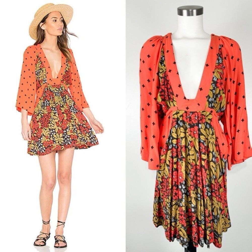 Free People Sz M Talulla Printed 3/4 Sleeve Deep V-Neck Mini Dress Women’s